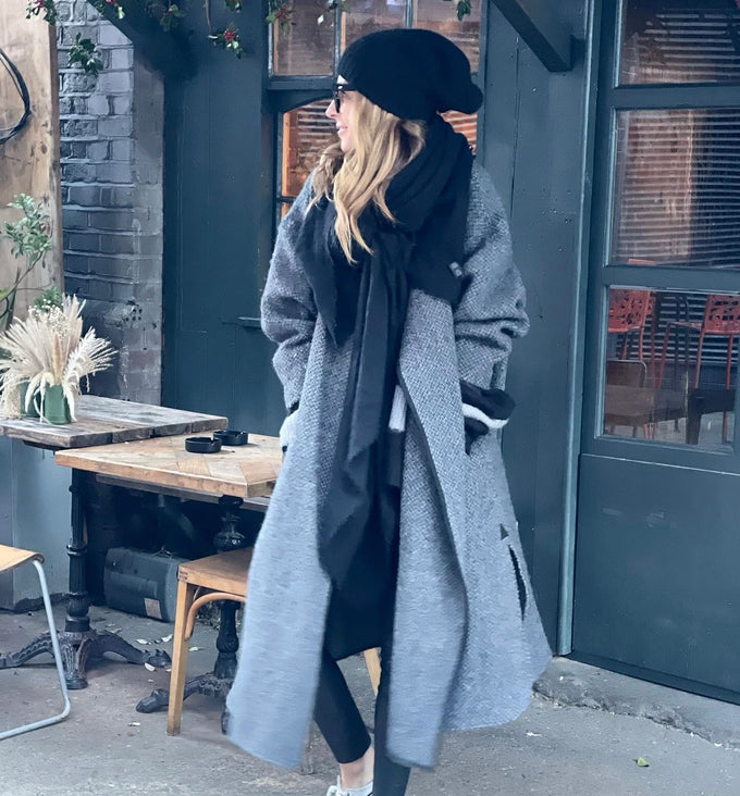 Black Ribbed Cashmere Slouch Beanie Hat