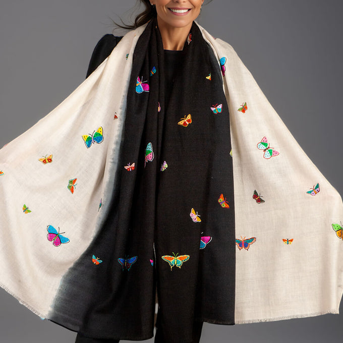 Hand Embroidered Pashmina Shawl - Butterflies