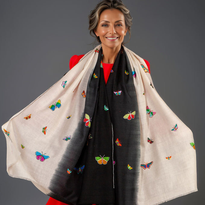 Hand Embroidered Pashmina Shawl - Butterflies
