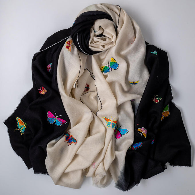 Hand Embroidered Pashmina Shawl - Butterflies