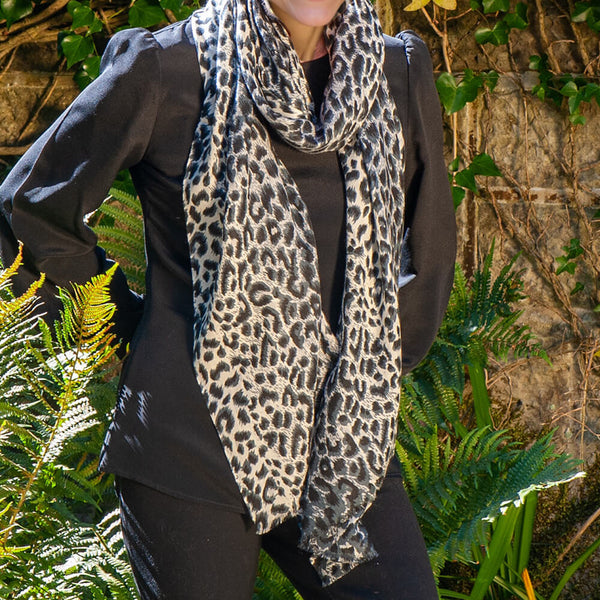Black Leopard Print Cashmere and Silk Scarf