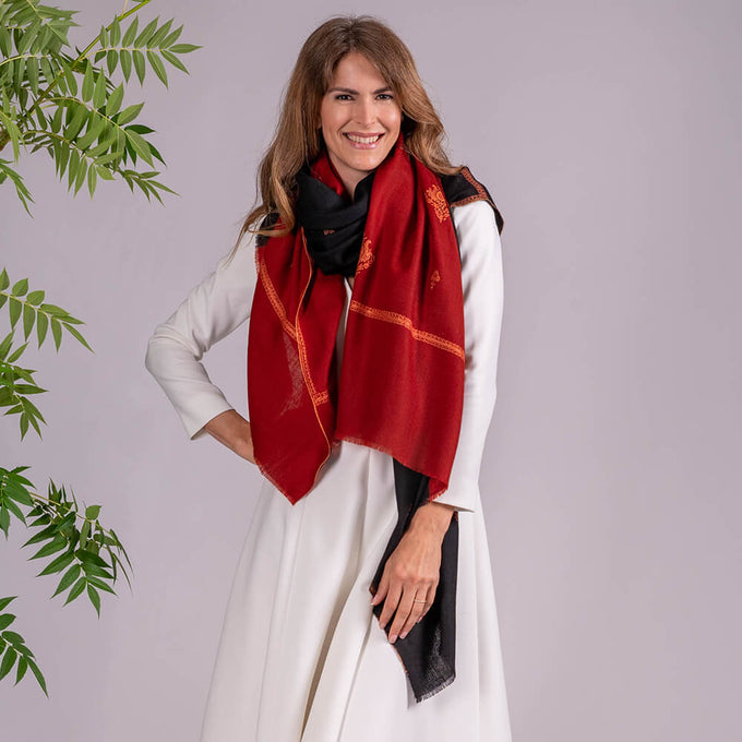 Hand Embroidered Pashmina Cashmere Shawl - Black and Burnt Orange