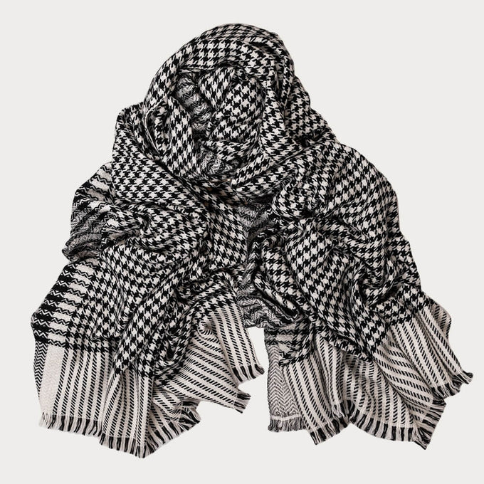 Black and Ivory Houndstooth Cashmere Shawl