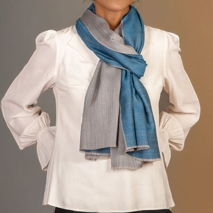 Reversible Ocean Blue and Pearl Grey Cashmere and Silk Wrap
