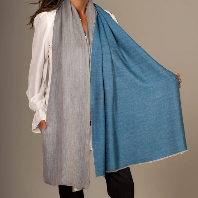 Reversible Ocean Blue and Pearl Grey Cashmere and Silk Wrap