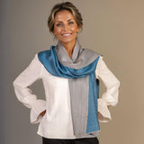 Reversible Ocean Blue and Pearl Grey Cashmere and Silk Wrap