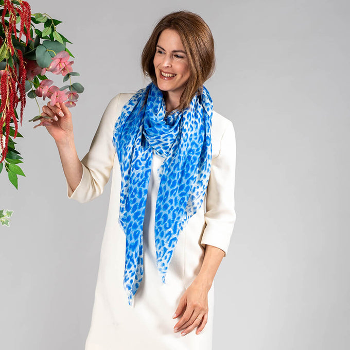 IMPERFECTLY YOURS: Pale Blue Leopard Print Cashmere and Silk Wrap