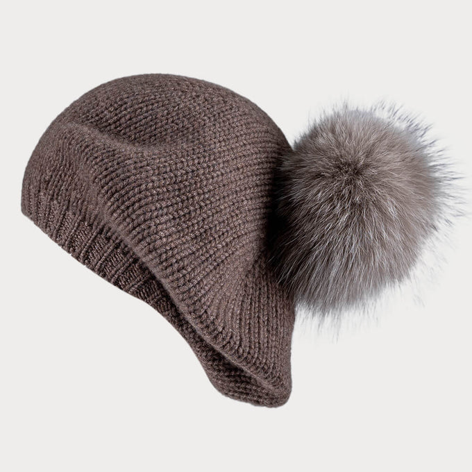 Tawny Brown Cashmere Fur Pom Pom Beret