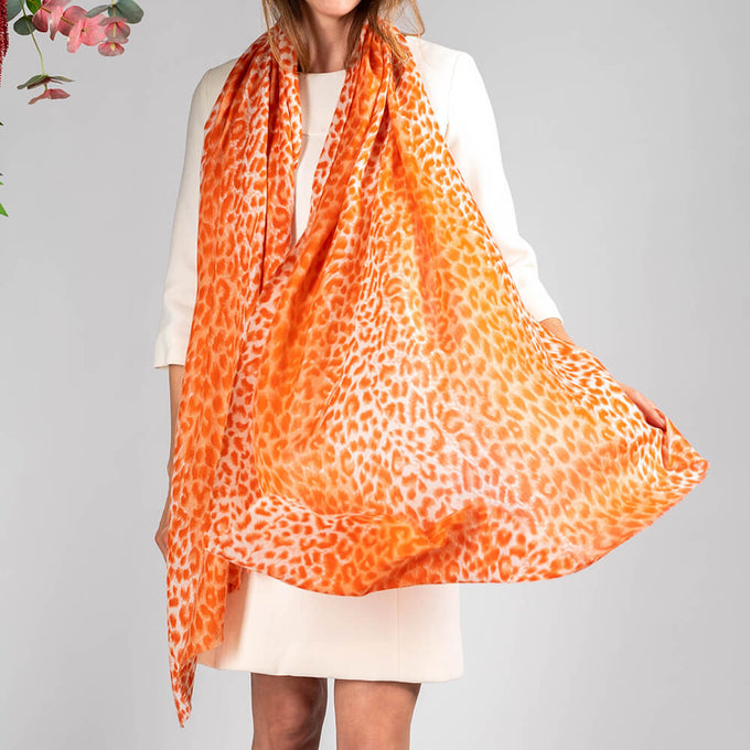 Coral Leopard Print Cashmere and Silk Wrap