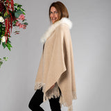 Almond and Ivory Cashmere Cape with Cashmere Fur Trim