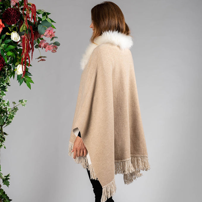 Almond and Ivory Cashmere Cape with Cashmere Fur Trim