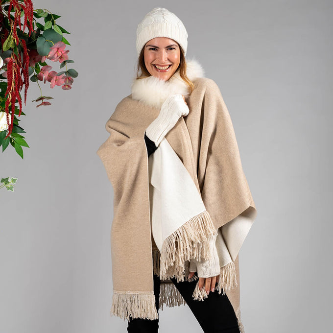 Almond and Ivory Cashmere Cape with Cashmere Fur Trim