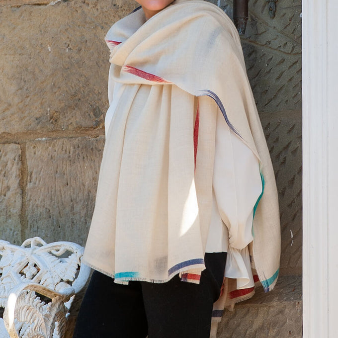 Ikat Edged Cream Pashmina Cashmere Shawl
