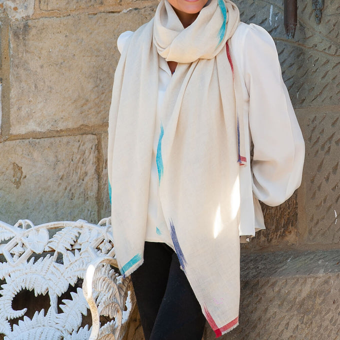 Ikat Edged Cream Pashmina Cashmere Shawl
