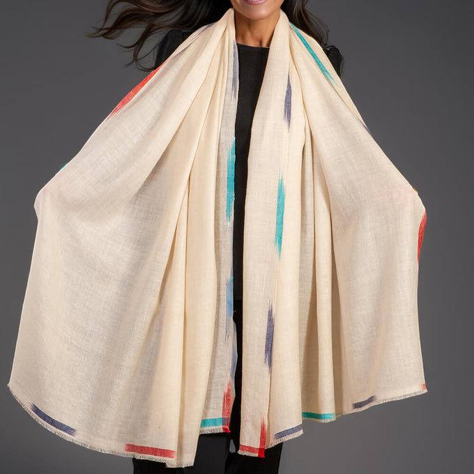Ikat Edged Cream Pashmina Cashmere Shawl