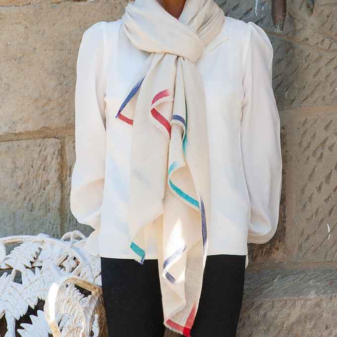 Ikat Edged Cream Pashmina Cashmere Shawl