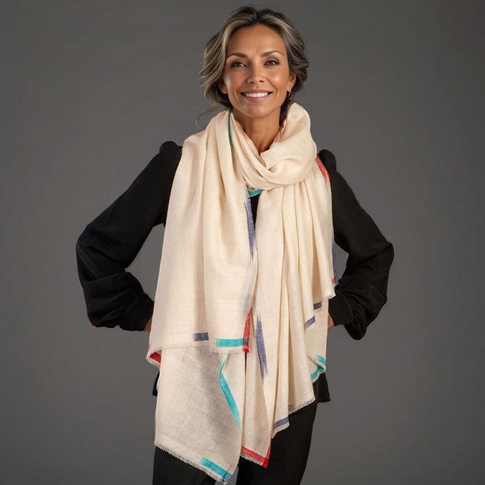 Ikat Edged Cream Pashmina Cashmere Shawl