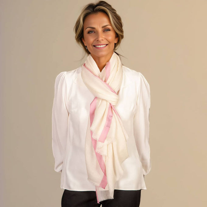 Ivory Cashmere and Silk Wrap with Rose Pink Silk Border