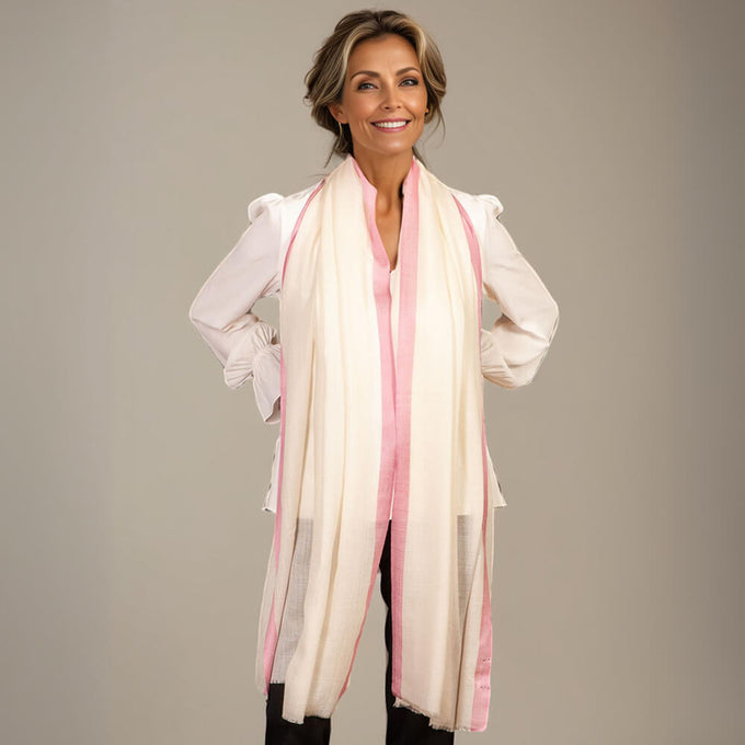Ivory Cashmere and Silk Wrap with Rose Pink Silk Border