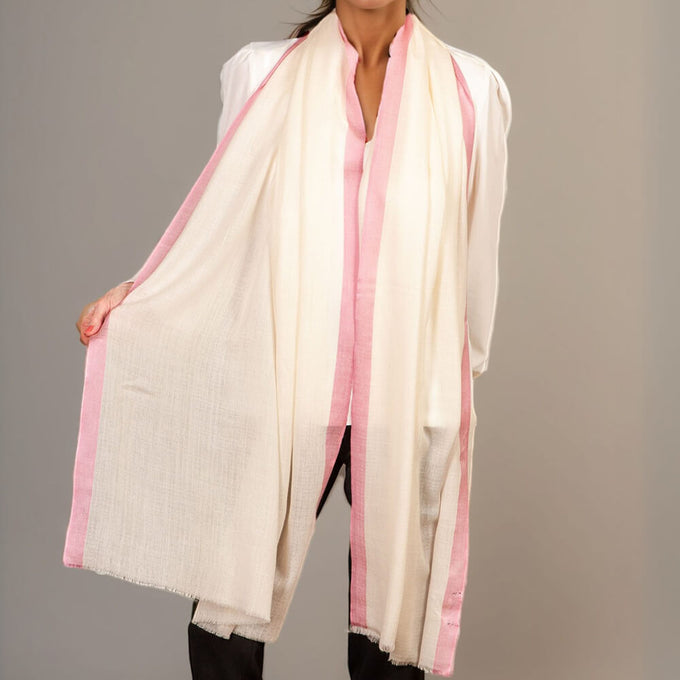 Ivory Cashmere and Silk Wrap with Rose Pink Silk Border