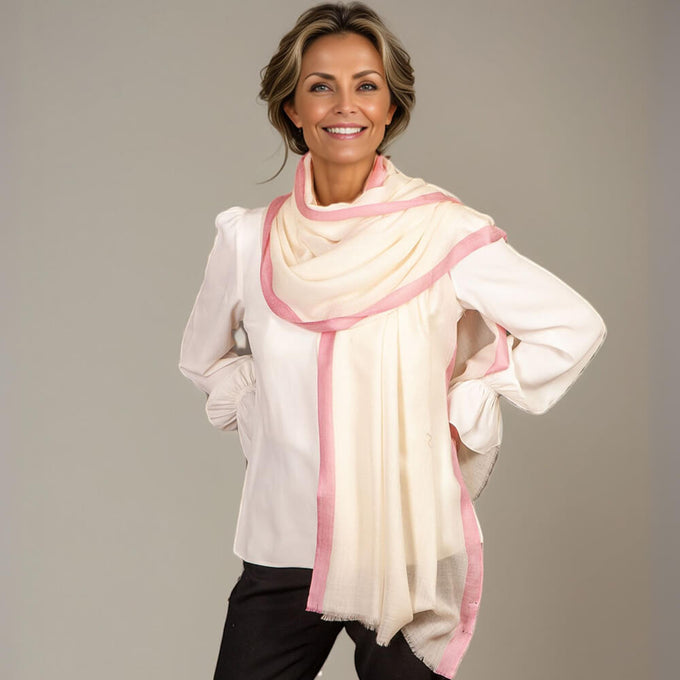 Ivory Cashmere and Silk Wrap with Rose Pink Silk Border