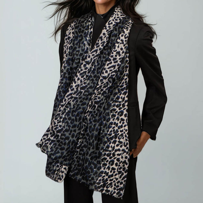 IMPERFECTLY YOURS: Midnight Navy Leopard Print Cashmere and Silk Scarf