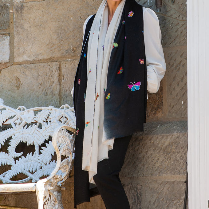 Hand Embroidered Pashmina Shawl - Butterflies
