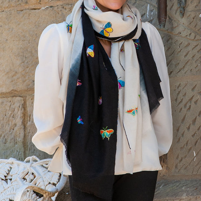 Hand Embroidered Pashmina Shawl - Butterflies