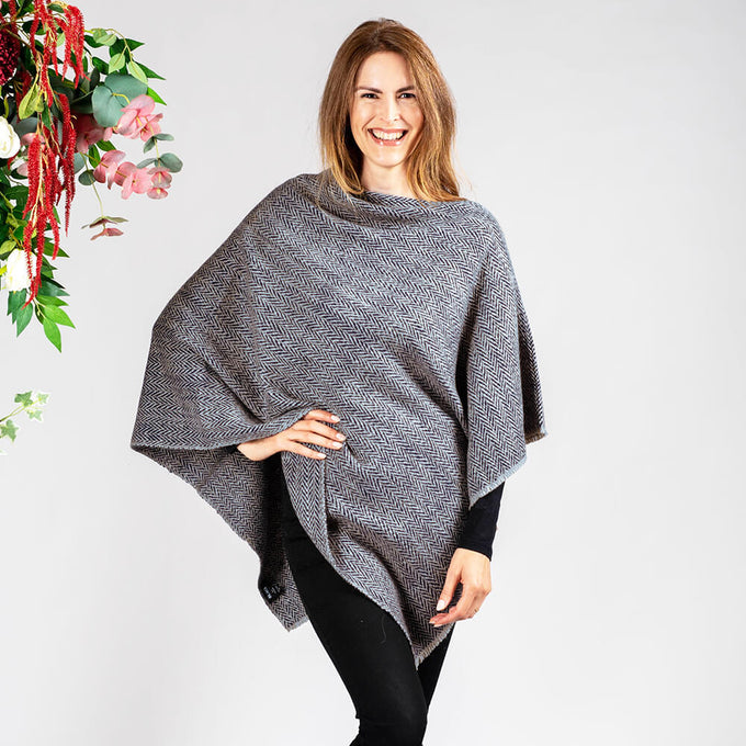 Hand Woven Soft Grey & Natural Chunky Cashmere Poncho