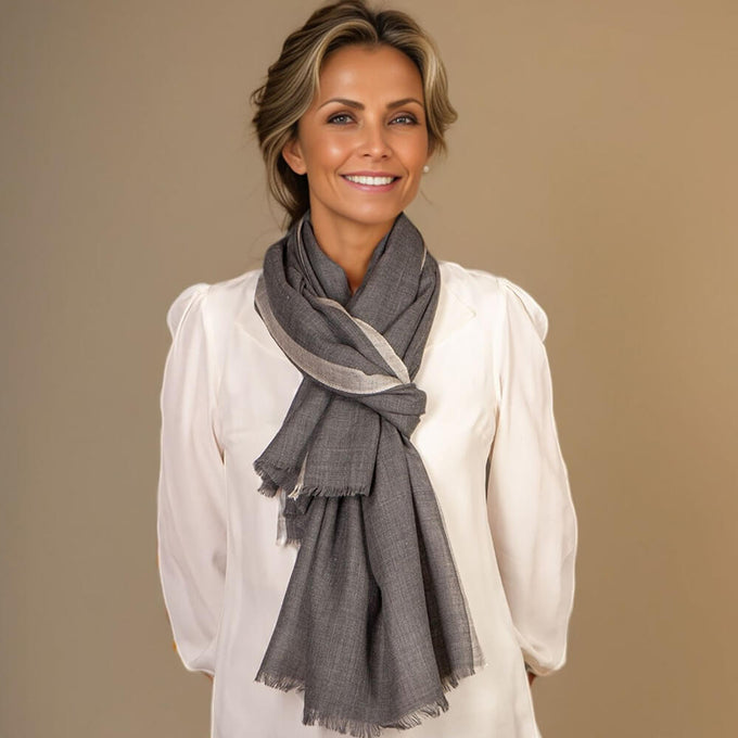 Charcoal Melange Cashmere and Silk Wrap with Silk Border