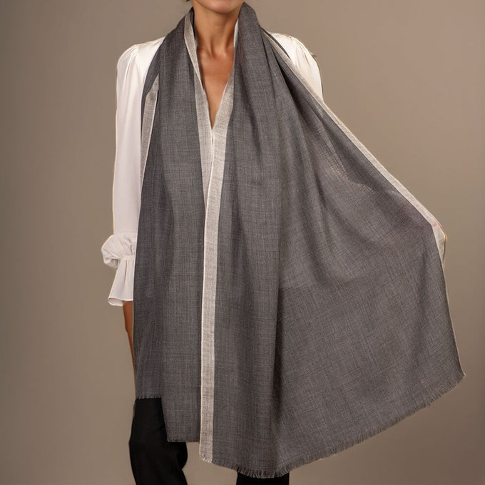 Charcoal Melange Cashmere and Silk Wrap with Silk Border
