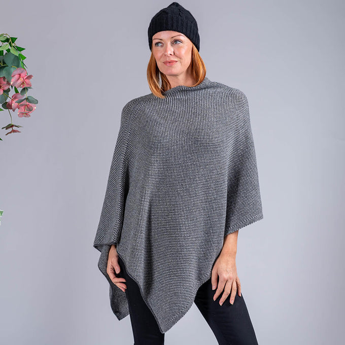 Charcoal and Ivory Knitted Cashmere Poncho