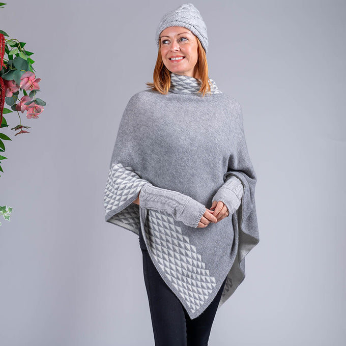 Grey and Ivory Double Layer Cashmere Poncho