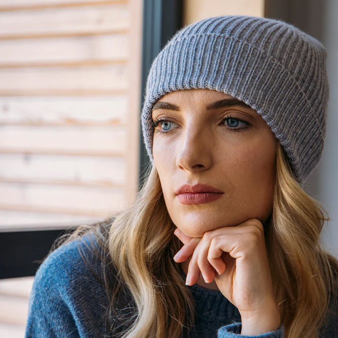 Grey Rib Knit Cashmere Beanie