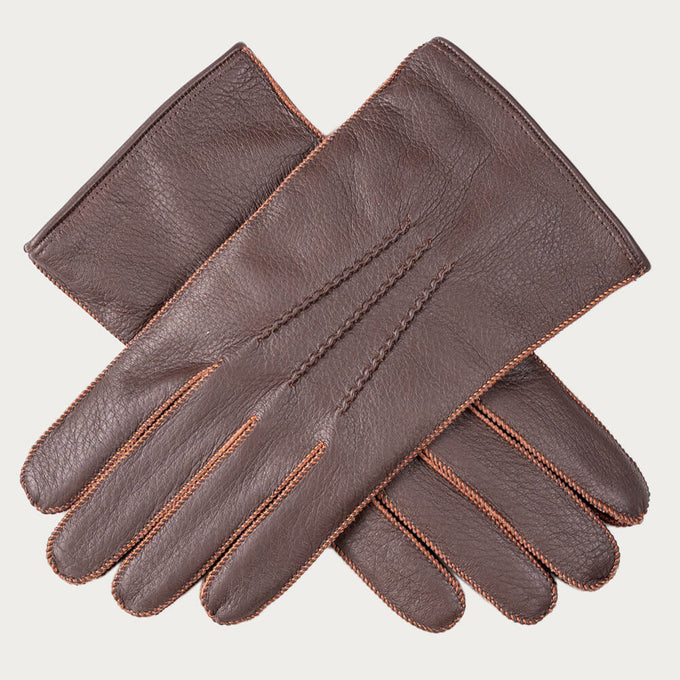 Men’s Handsewn Two Tone Brown Deerskin Gloves – Cashmere Lined