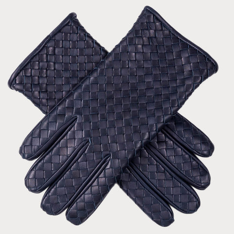 Men’s Navy Woven Cashmere Lined Leather Gloves