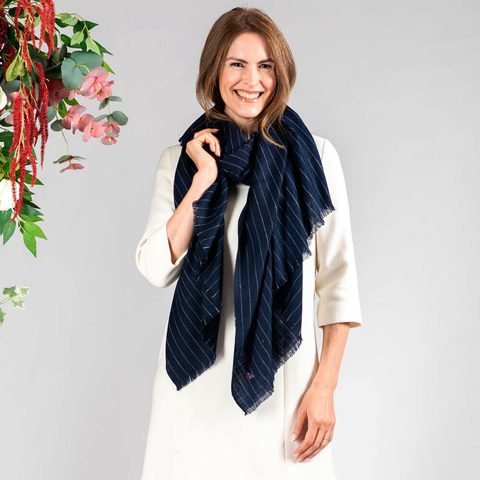 Navy and White Pinstripe Cashmere Shawl