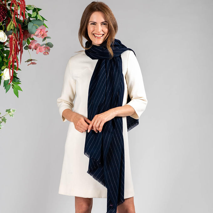 Navy and White Pinstripe Cashmere Shawl