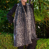 Midnight Navy Leopard Print Cashmere and Silk Scarf