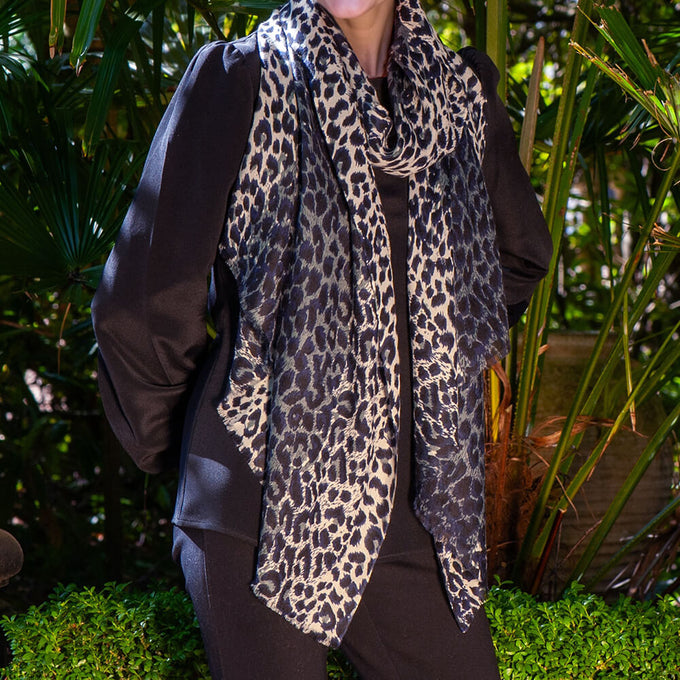Midnight Navy Leopard Print Cashmere and Silk Scarf