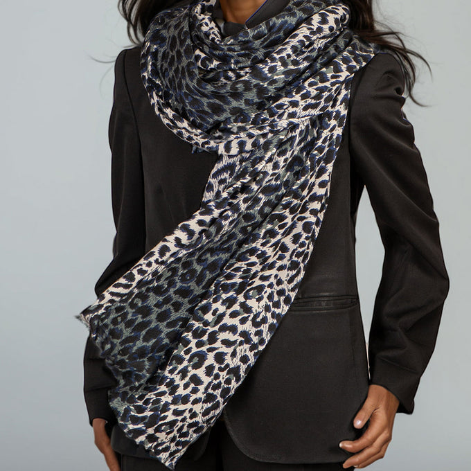 IMPERFECTLY YOURS: Midnight Navy Leopard Print Cashmere and Silk Scarf