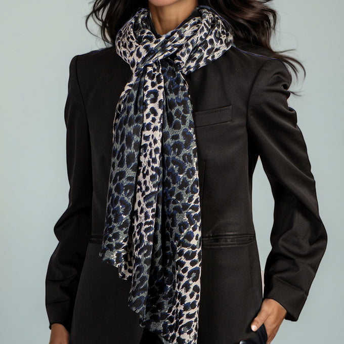 IMPERFECTLY YOURS: Midnight Navy Leopard Print Cashmere and Silk Scarf