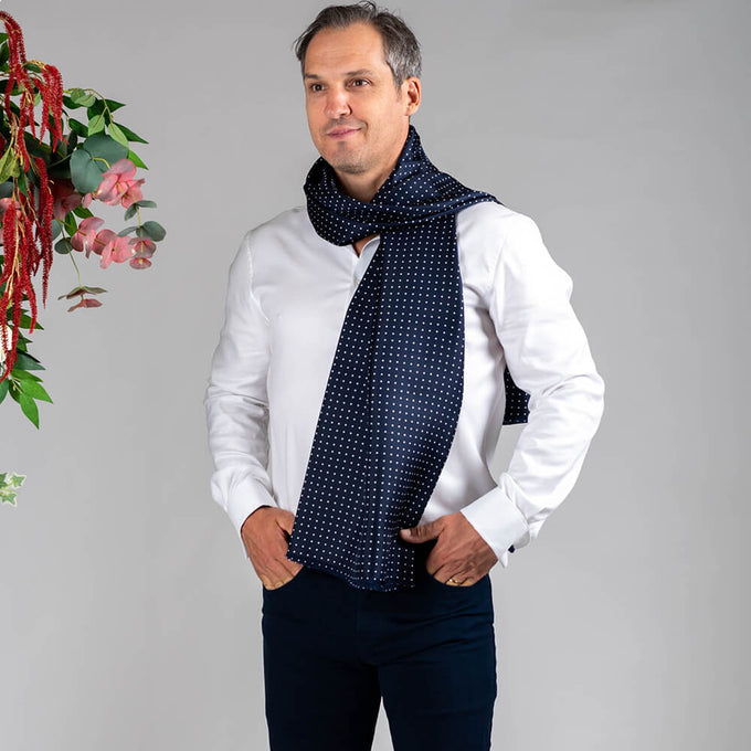 IMPERFECTLY YOURS: Navy Polka Dot Silk Scarf