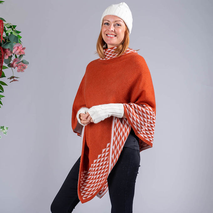 Burnt Orange and Ivory Double Layer Cashmere Poncho