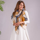 Navy and Ochre Check Pashmina Cashmere Shawl