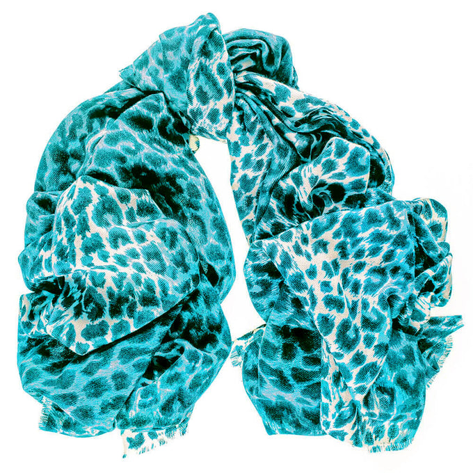Teal Leopard Print Cashmere and Silk Wrap