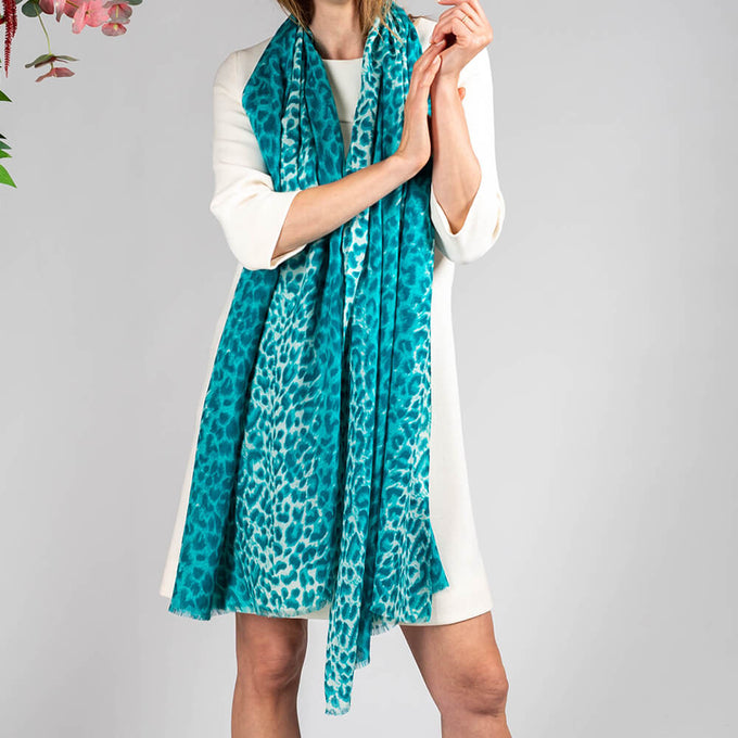 Teal Leopard Print Cashmere and Silk Wrap