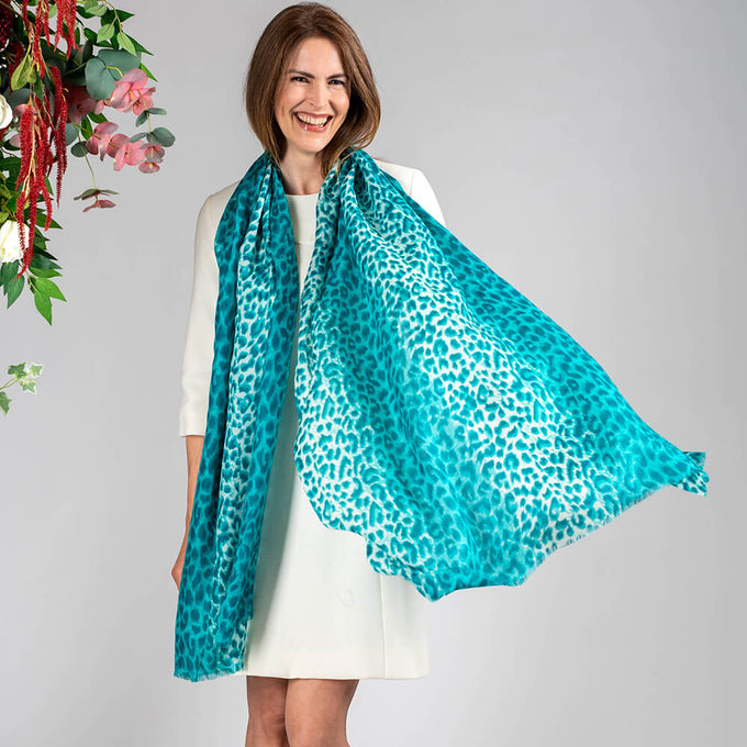 Teal Leopard Print Cashmere and Silk Wrap