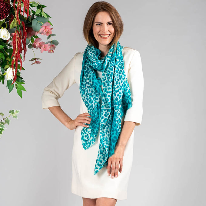 Teal Leopard Print Cashmere and Silk Wrap