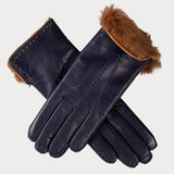 Navy and Caramel Rabbit Fur Lined Leather Gloves